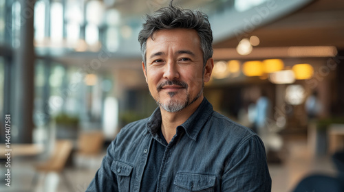 Ein freundlicher 45-jähriger asiatischer Mann steht in einer modernen, urbanen Lobby und lächelt in die Kamera