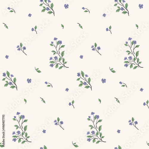 Seamless floral pattern, simple ditsy print in liberty rustic motif. Delicate botanical design of small hand drawn plants, tiny leaves, twigs, mini blue flowers on white field. Vector illustration.