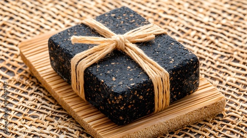 Black Handmade Soap on Bamboo Coaster
