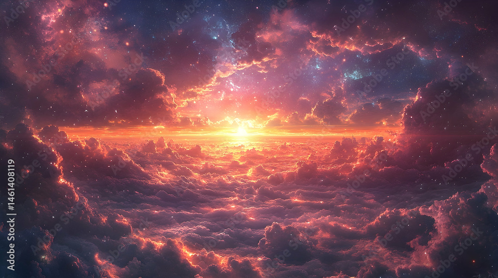 Fototapeta premium Celestial sunrise over a vast cloud sea.