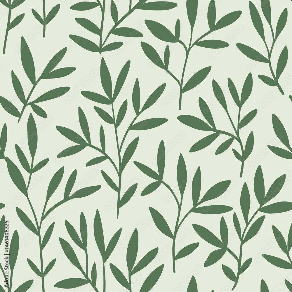 Seamless botanical pattern, liberty floral print with simple plant silhouettes. Delicate design in two colors. Hand drawn leaves, minimalist green foliage in abstract composition. Vector illustration. Seamless botanical pattern, liberty floral print with simple plant silhouettes. Delicate design in two colors. Hand drawn leaves, minimalist green foliage in abstract composition. Vector illustration.