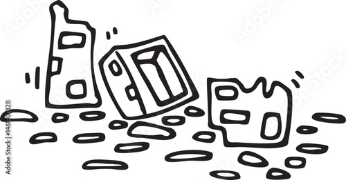 A broken bottle and box spill across a scattered collection of small oval stones.
