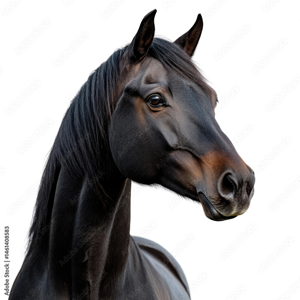 Obraz premium Majestic black horse portrait studio animal photography close-up. Isolated on transparent background, png.
