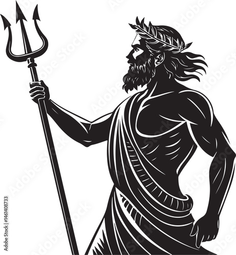 Poseidon, Greek God, Deity of Greece, Black and White Vector Illustration, Sketch Drawing Line Linear Symbol Icon Engraving, Hand-drawn Isolated