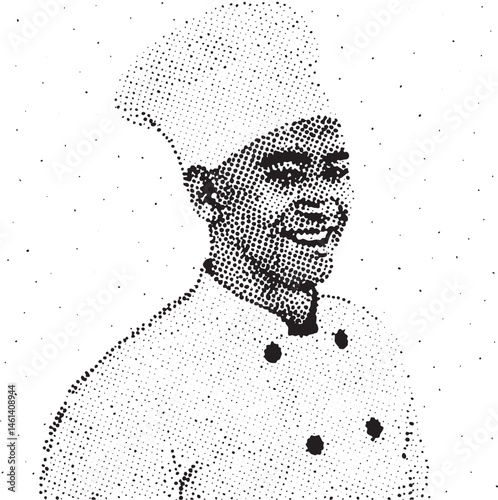 A smiling chef wears a tall white toque.