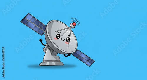 cute cartoon illustration, a satellite dish transmitting signals to and from space. ,isolated on bright background, no text