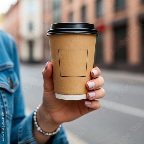 Close-up of woman in a denim jacket holding takeaway coffee cup with blurred city lights. Copy space. Urban lifestyle, street coffee culture, and casual fashion concept.