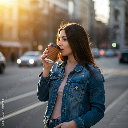 Close up of girl with long hair holding takeaway coffee cup, background of blurred city lights. Urban lifestyle, street coffee culture and casual fashion concept.