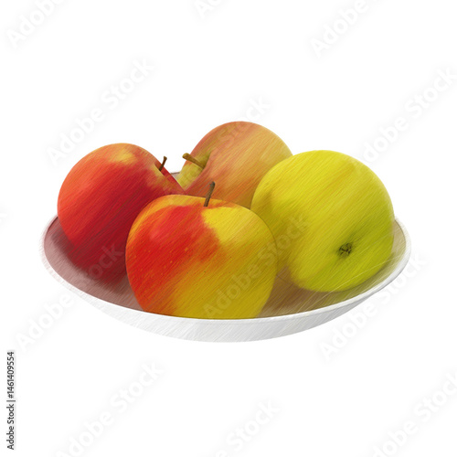 Apples on a plate sketch isolated transparent background 3d rendering
