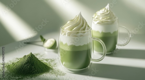 Two glasses of matcha latte with whipped cream, illuminated by sunlight  Green matcha powder is beside the drinks