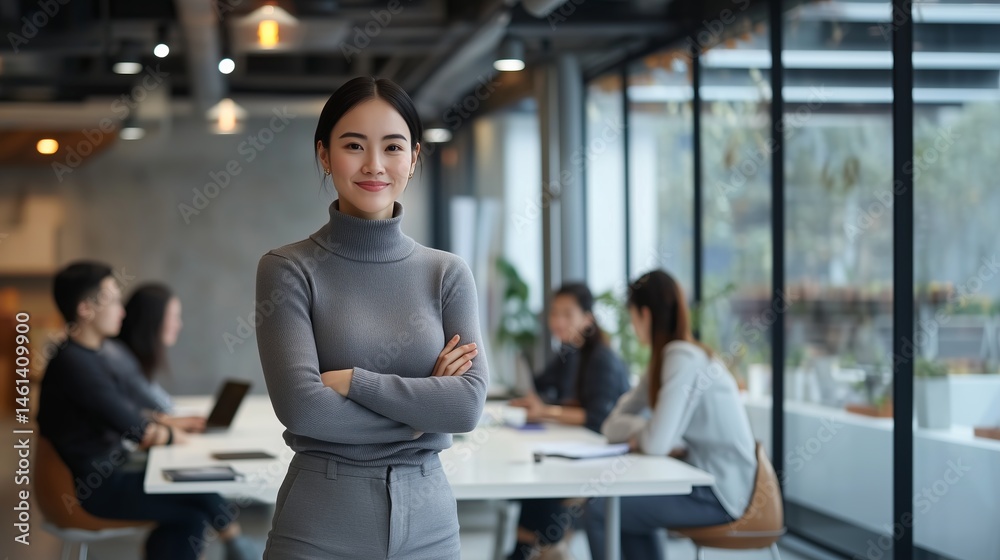 Fototapeta premium Professional woman stands confidently in modern office during a team meeting