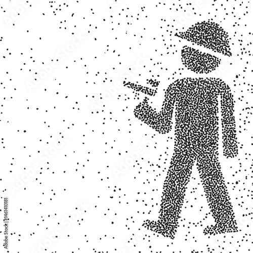 A lone figure walks with a smartphone appearing isolated against a textured background.