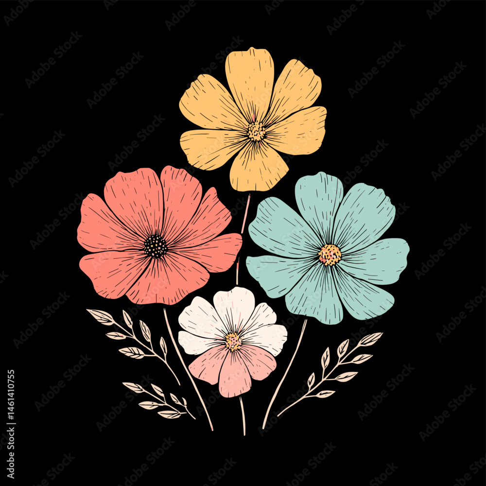 Obraz premium Elegant hand-drawn flowers with delicate details and soft pastel tones on black background, showcasing artistic floral beauty