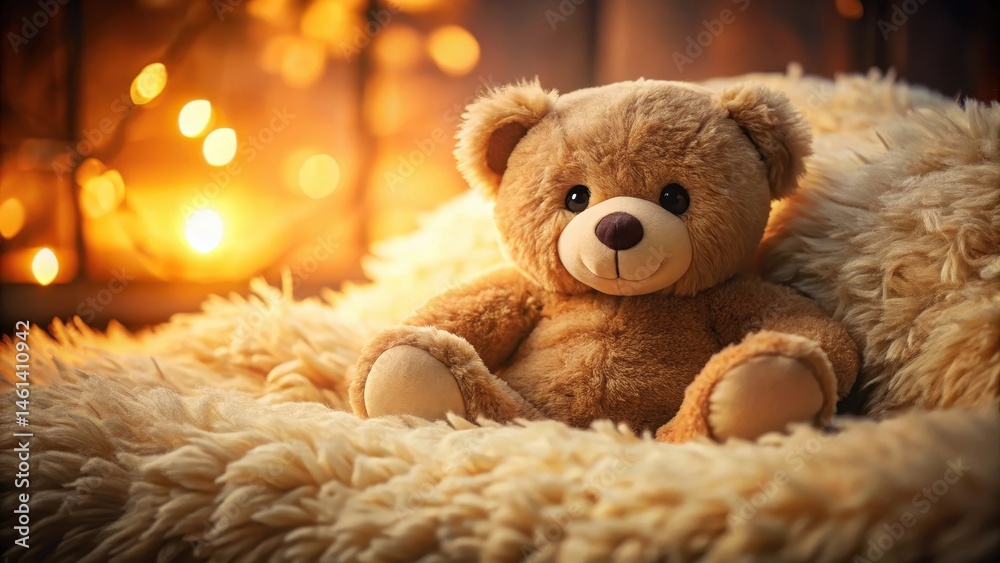 A cuddly teddy bear lying on a plush pillow, with its paws curled up and its soft fur fluffed out A cuddly teddy bear lying on a plush pillow, with its paws curled up and its soft fur fluffed out