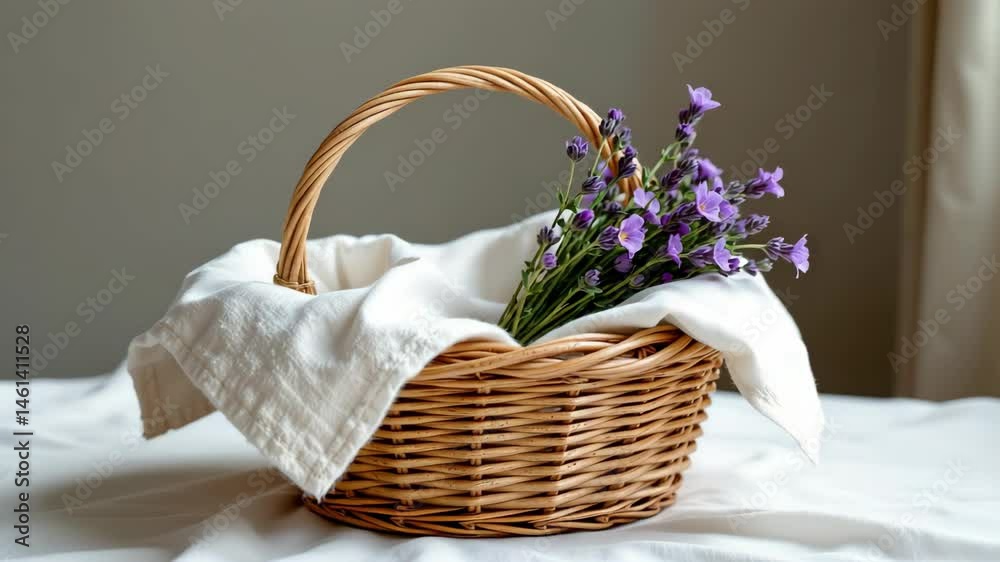 A wicker basket lined with a white cloth holds a bunch of fresh purple flowers on a softly lit surface. A wicker basket lined with a white cloth holds a bunch of fresh purple flowers on a softly lit surface.