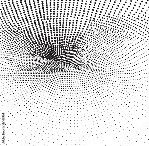 A stylized swirling of black dots emerges from a central focal point.