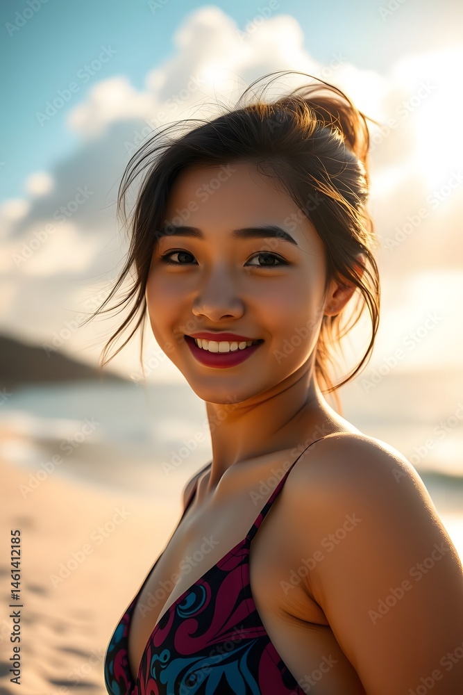 Portrait of beautiful asian woman smiling on beach at sunset summer vacation travel photo Portrait of beautiful asian woman smiling on beach at sunset summer vacation travel photo
