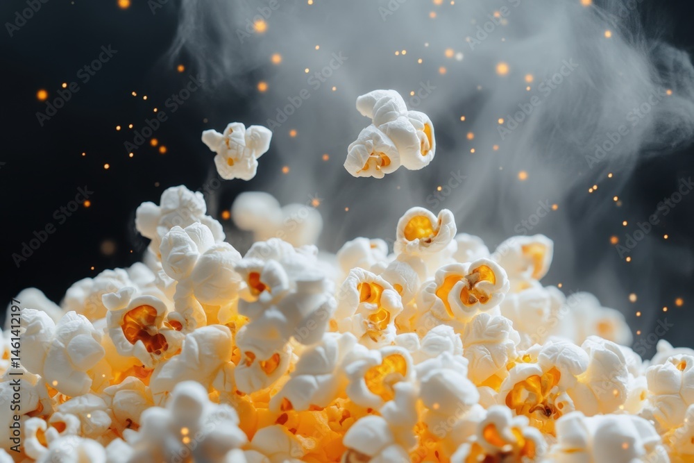 Fototapeta premium popcorn exploding from a hot pan, steam rising as kernels pop