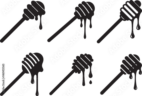 set of honey dipper stick with dripping honey silhouette, black and white silhouette, vector and illustration