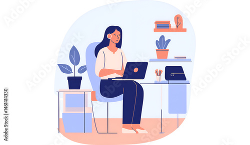 Woman working on laptop at desk with lamp plant and coffee in a bright and modern style illustration