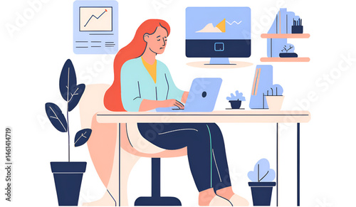 Woman working on laptop at desk with lamp plant and coffee in a bright and modern style illustration