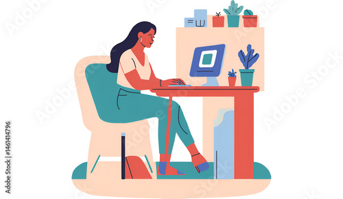Woman working on laptop at desk with lamp plant and coffee in a bright and modern style illustration