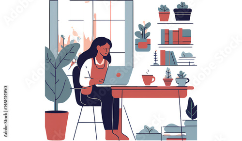 Woman working on laptop at desk with lamp plant and coffee in a bright and modern style illustration
