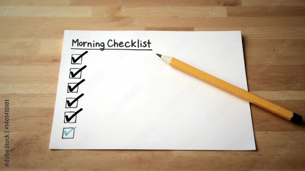 A morning checklist on white paper with all items checked, accompanied by a yellow pencil on a wooden surface. A morning checklist on white paper with all items checked, accompanied by a yellow pencil on a wooden surface.