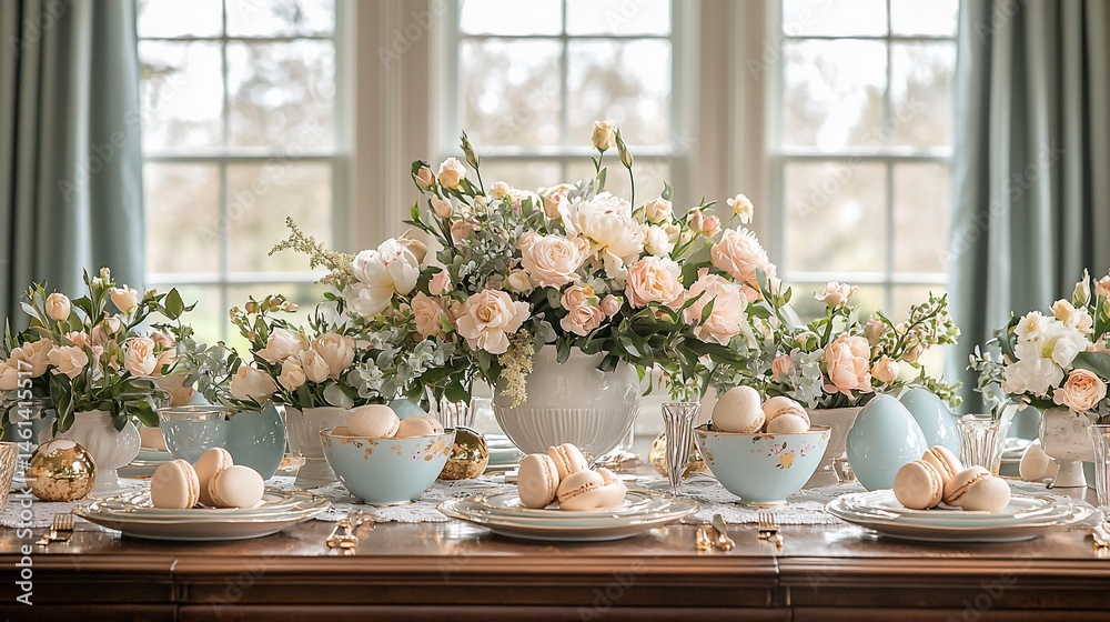 Elegant Easter table setting with pastel flowers and eggs Elegant Easter table setting with pastel flowers and eggs