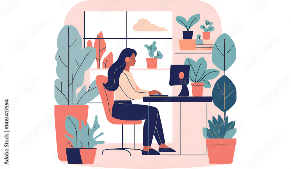 Fototapeta premium Woman working on laptop at desk with lamp plant and coffee in a bright and modern style illustration
