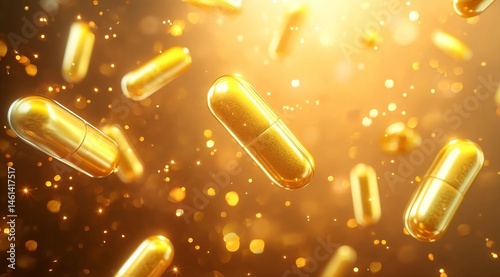 Golden Capsules Floating in a Glittering Background