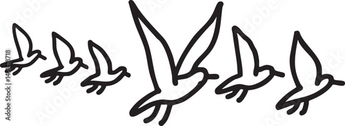 Five stylized birds fly in a linear formation.