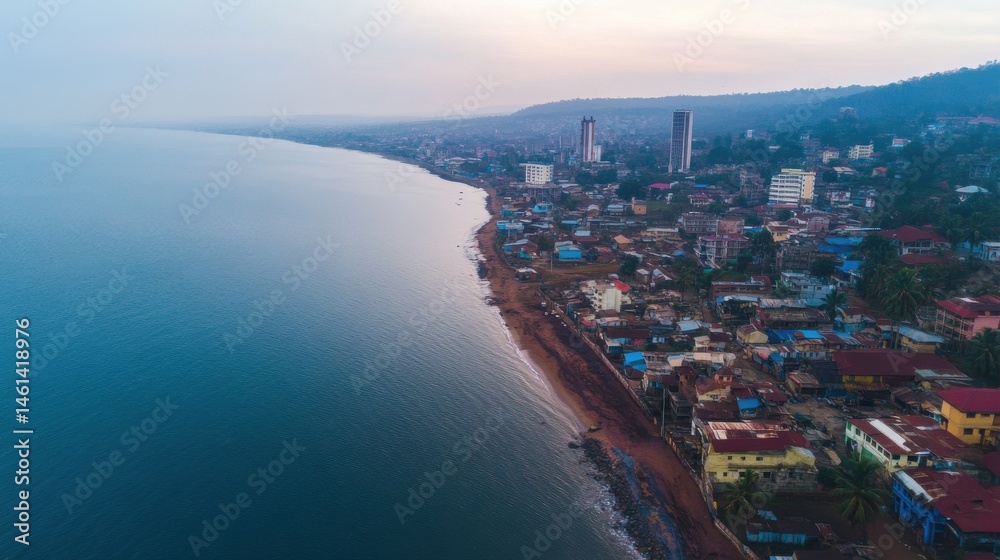 Fototapeta premium Scenic coastal cityscape, expansive ocean view with a vibrant skyline, perfect for travel content or website backgrounds.
