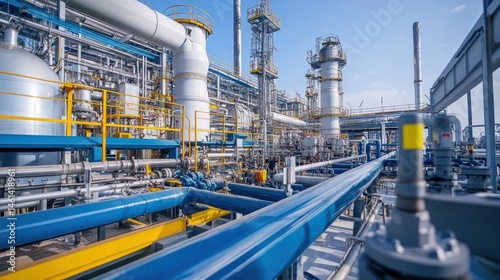 Industrial refinery complex with intricate piping, towers, and equipment under a clear blue sky.