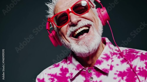 Vibrant elderly man joyfully dancing with headphones in trendy pink shirt