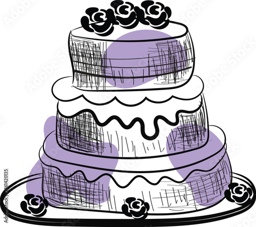 Hand Drawn Sketch of a Three Tiered Wedding Cake with Roses