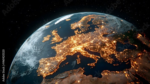 The image shows a nighttime view of Europe from space, highlighting the dense network of city lights across the continent.  A glowing tapestry of interconnected urban areas illuminates the landmass,