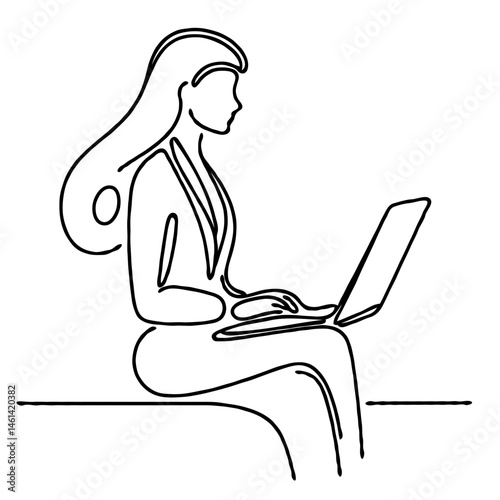 Business woman working on laptop in minimalist line art  
