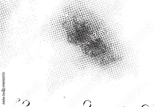 A dense textured of dark dots dominates a white background.