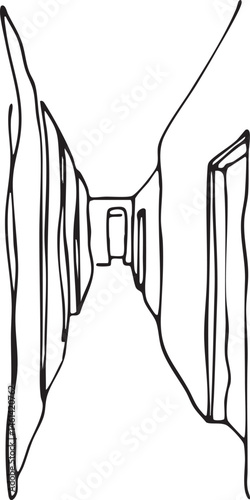 A stark linear pathway stretches into a distant shadowed space.