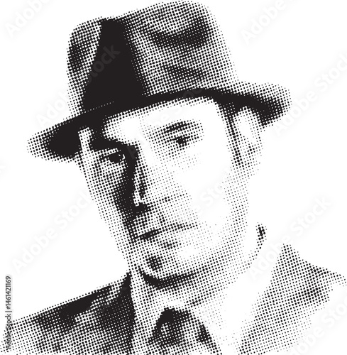 A man wearing a black hat gazes intently at the viewer.