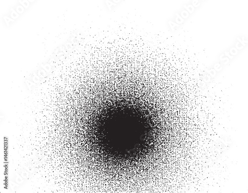 A black circle emerges from a scattering of white dots.