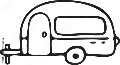 A stylized black-and-white of a rounded camper trailer.