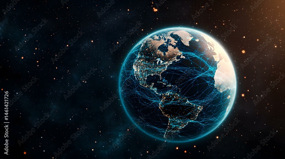 Obraz premium A digitally enhanced image of Earth, seen from space, shows North and South America illuminated at night, overlaid with a network of glowing blue lines representing global connections.
