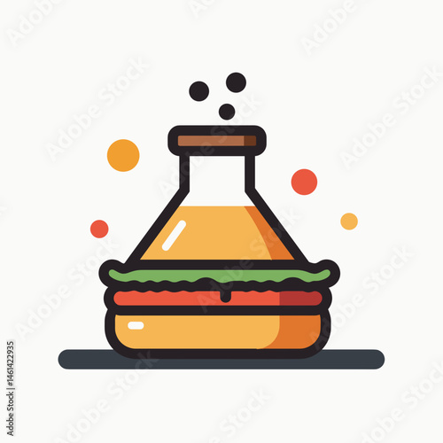vibrant yellow medicine bottle with orange label and red dropper, bursting with green and orange explosions