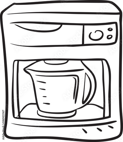A black and white depicts a modern microwave oven with a kettle inside.