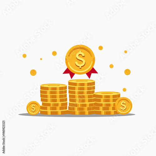 golden coins with red ribbon on top  currency symbols  money stack  financial success icon