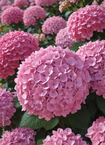 Large pink hydrangea surrounded by diverse blooms , plants, garden, pink