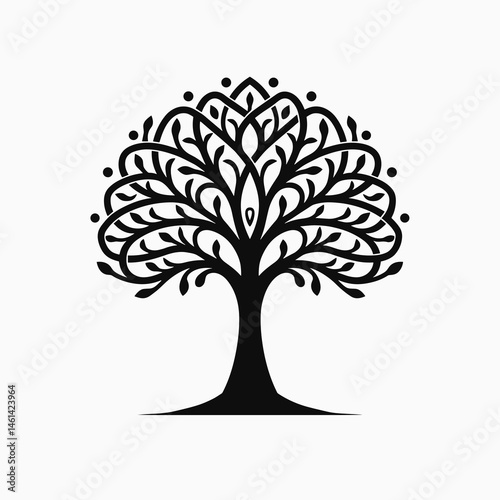 black and white tree logo with branches and trunk