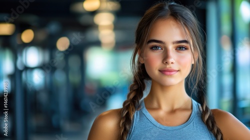 A young athletic woman stands in the gym and looks at the camera in the background of the gym equipment. Free Download A young athletic woman stands in the gym and looks at the camera in the background of the gym equipment. - GFXLoad